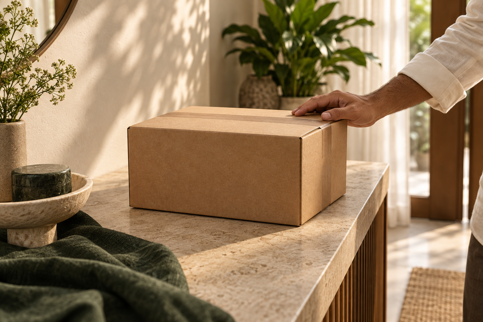 A plain unbranded delivery box in a sunlit home