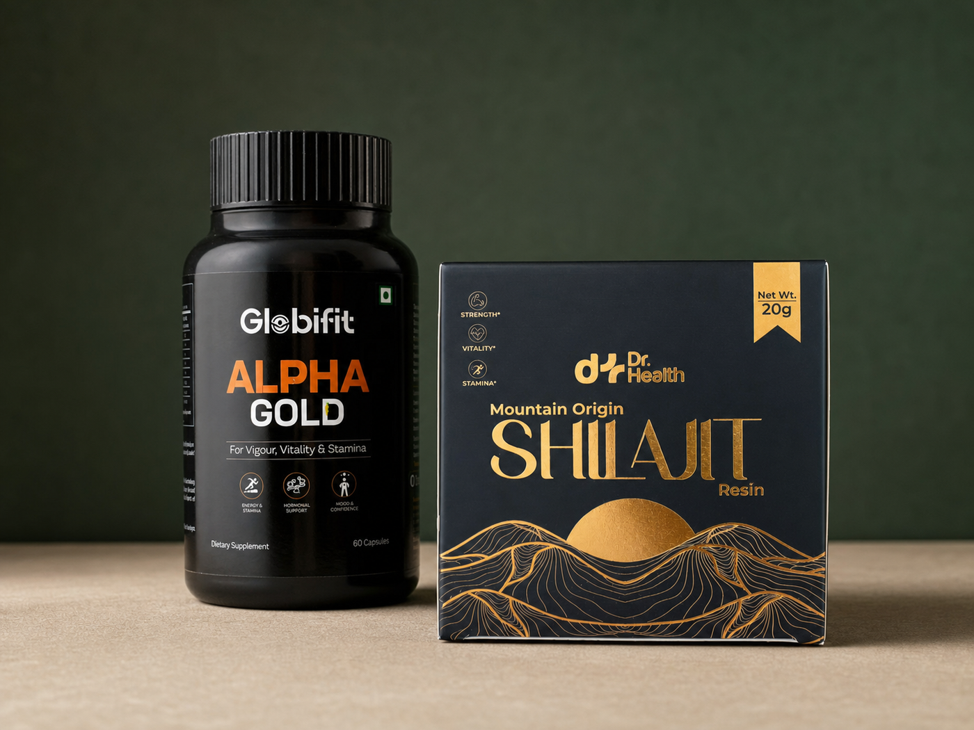 Globifit Alpha Gold and Mountain Origin Shilajit Resin products