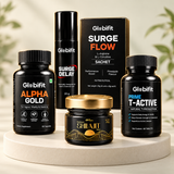 Complete Pack: Alpha Gold, Prime T-Active, Surge Flow, Shilajit and Surge Delay on an ivory studio podium