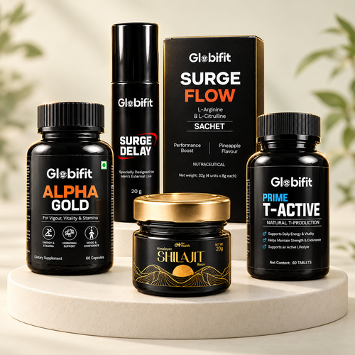 Complete Pack: Alpha Gold, Prime T-Active, Surge Flow, Shilajit and Surge Delay on an ivory studio podium