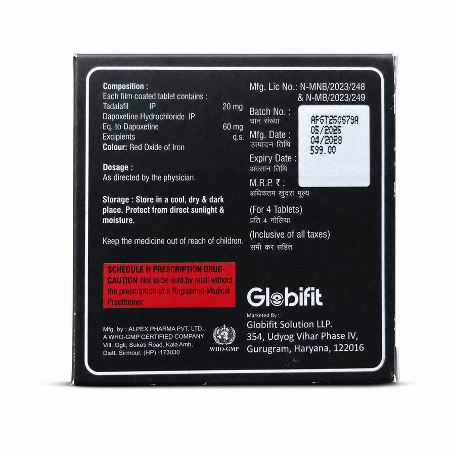 Back panel of Globifit Surge Control Tadalafil and Dapoxetine tablets box