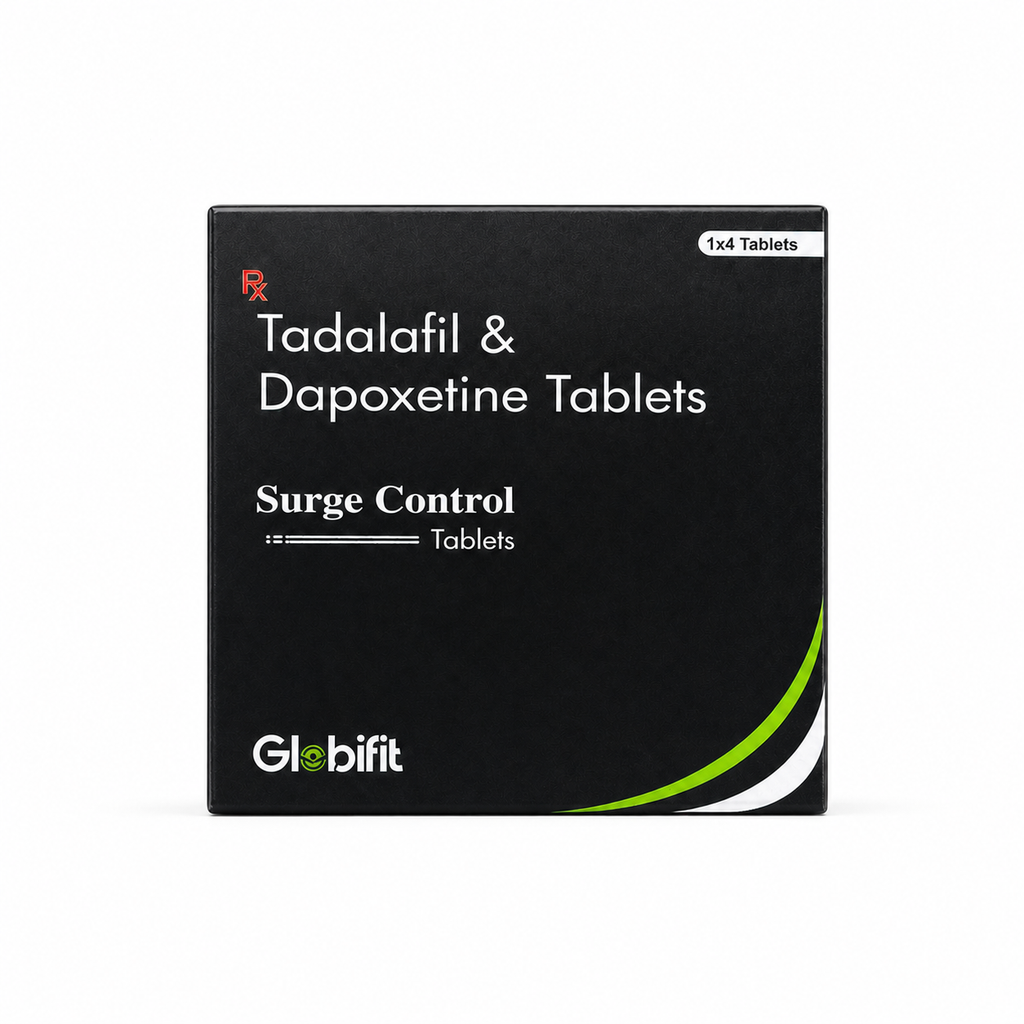 Globifit Surge Control Tadalafil and Dapoxetine tablets box on white background