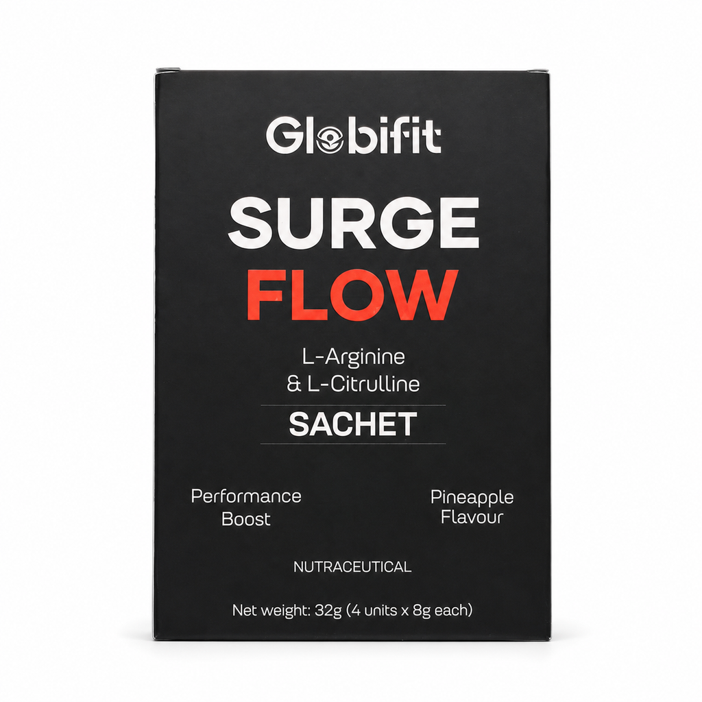 Globifit Surge Flow L-Arginine and L-Citrulline sachets on white background – front