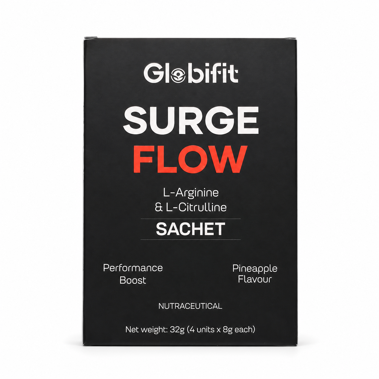 Globifit Surge Flow L-Arginine and L-Citrulline sachets on white background – front