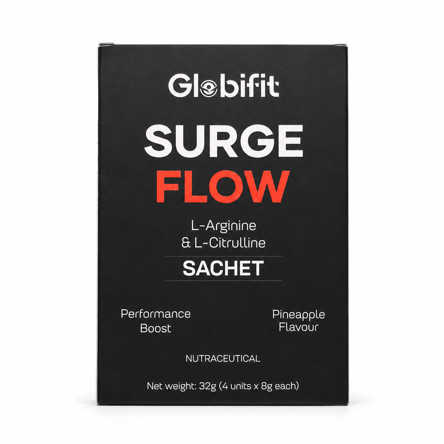 Globifit Surge Flow L-Arginine and L-Citrulline sachets on white background – front