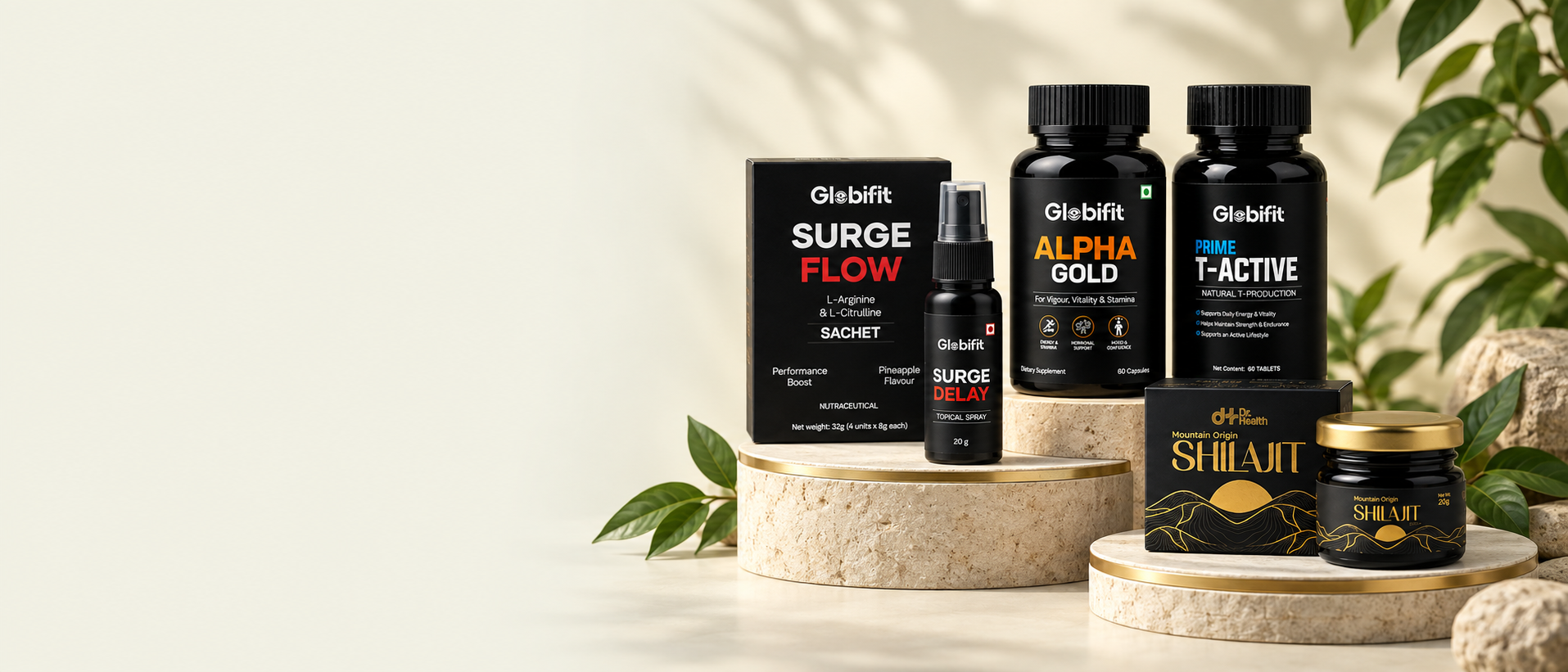 The five Globifit wellness products displayed on natural stone podiums