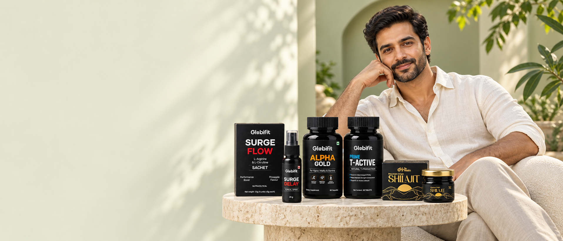 An Indian man with the complete Globifit product range in a sunlit courtyard