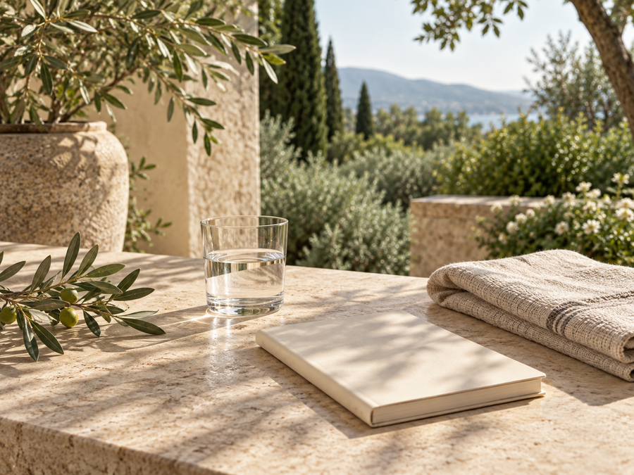 Water, a notebook and linen in warm morning light