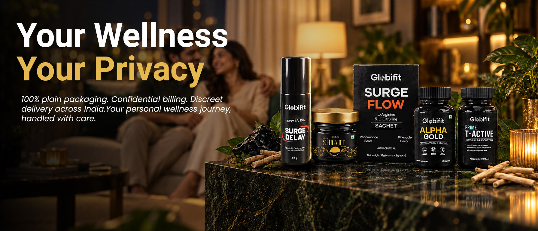 Your Wellness. Your Privacy. 100% plain packaging. Confidential billing. Discreet delivery across India. Your personal wellness journey, handled with care. Globi.fit's five-product range.