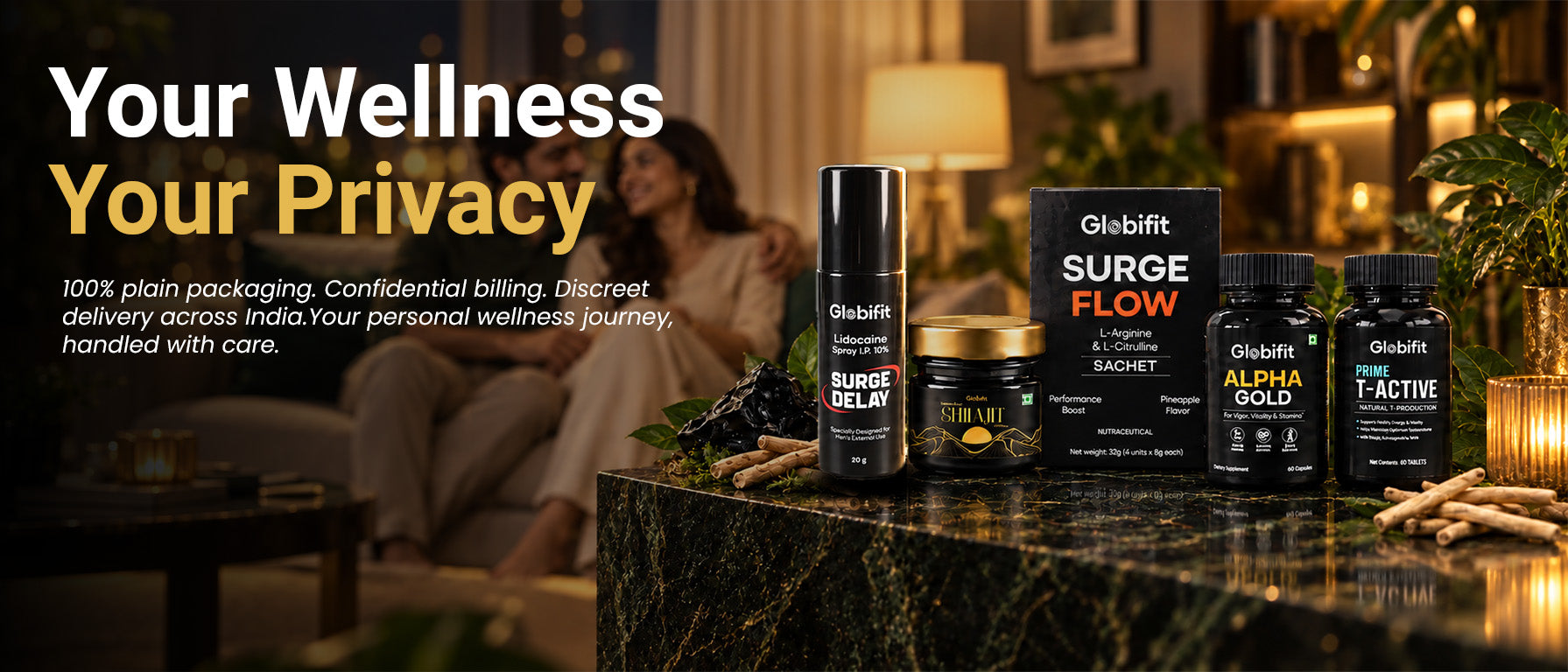 Your Wellness. Your Privacy. 100% plain packaging. Confidential billing. Discreet delivery across India. Your personal wellness journey, handled with care. Globi.fit's five-product range.
