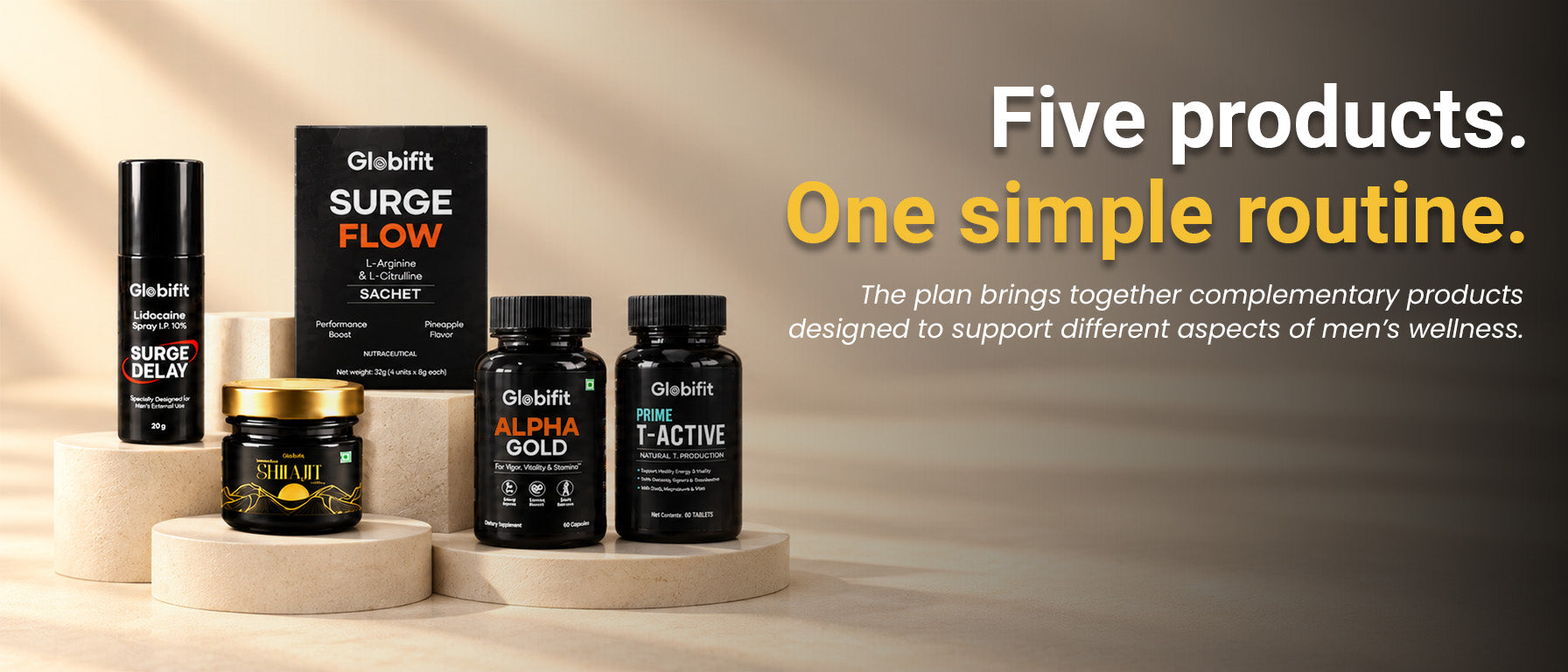 Five products. One simple routine. The plan brings together complementary products designed to support different aspects of men's wellness. Surge Delay, Surge Flow, Himalayan Shilajit, Alpha Gold and Prime T-Active.