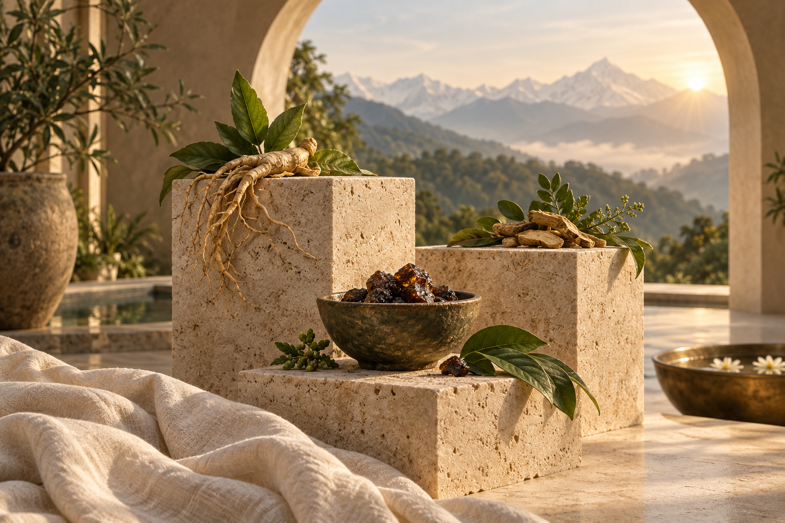 Botanical ingredients on warm natural stone, with mountain scenery