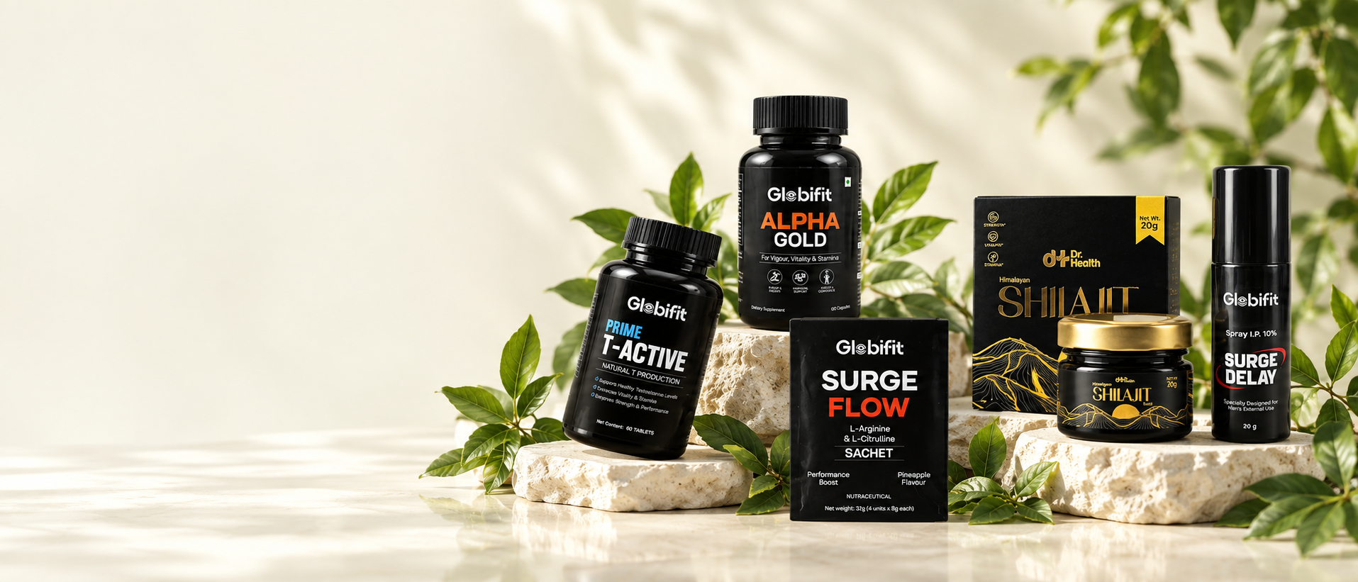 Globi.fit complete wellness pack with Prime T-Active, Alpha Gold, Surge Flow, Shilajit and Surge Delay