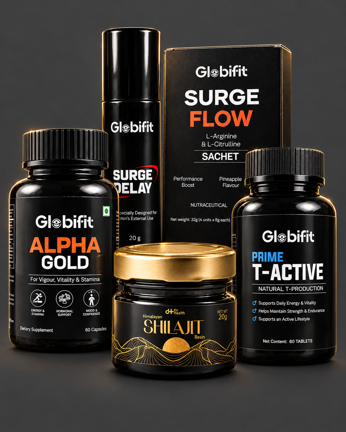 Globi.fit Alpha Gold, Prime T-Active, Surge Flow, Shilajit and Surge Delay wellness products