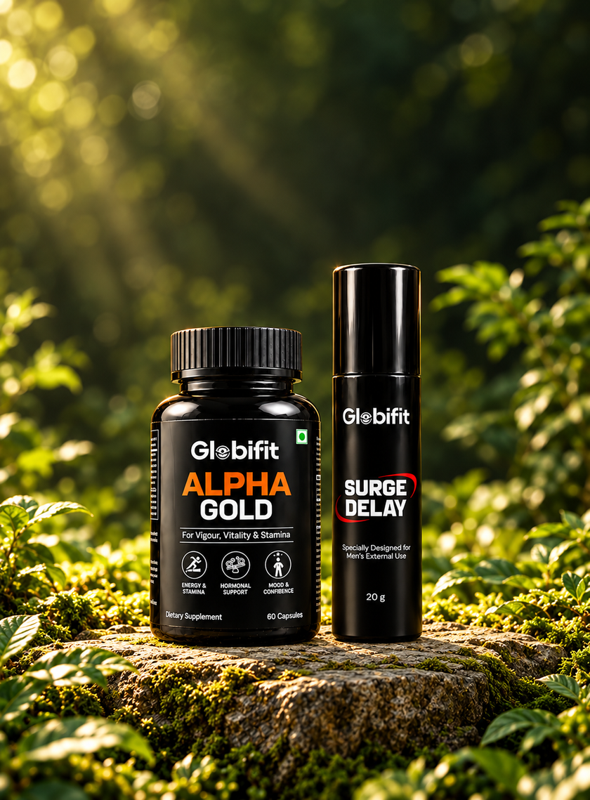 Alpha Gold and Surge Delay spray Starter Pack on a forest stone podium