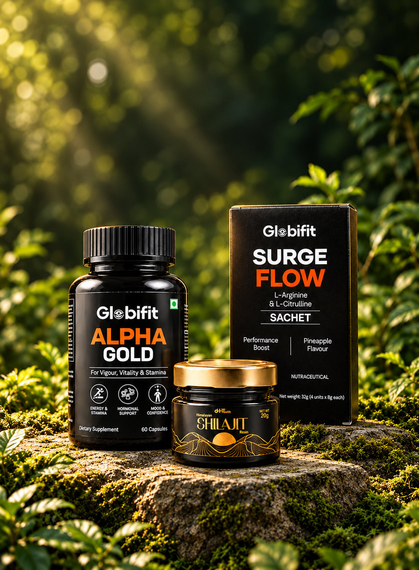 Alpha Gold, Surge Flow and Shilajit Performance Pack on a forest stone podium