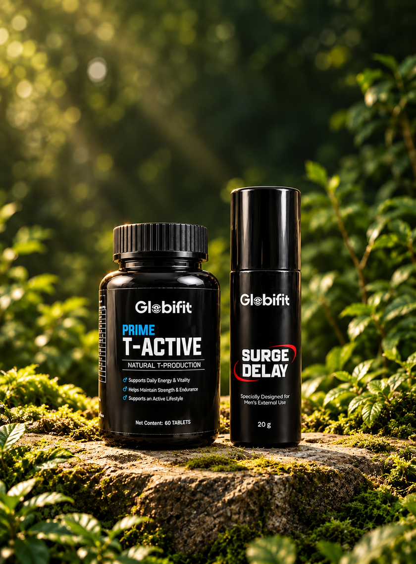 Prime T-Active and Surge Delay spray Starter Pack on a forest stone podium