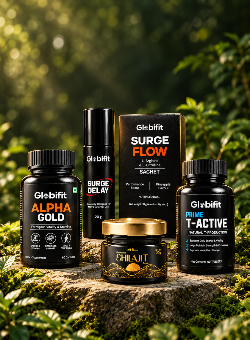 Alpha Gold, Prime T-Active, Surge Flow, Shilajit and Surge Delay on a forest stone podium